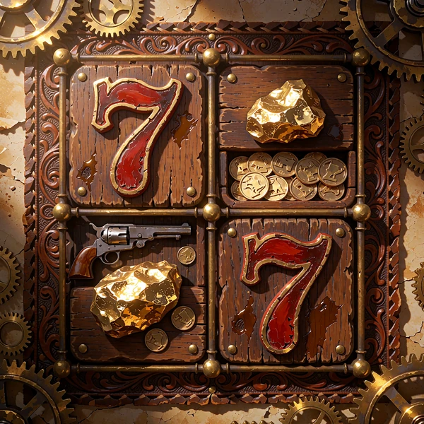Slot Lucky Sevens West - czerwone si&oacute;demki i bryłki złota na drewnianych bębnach automatu WestAce.