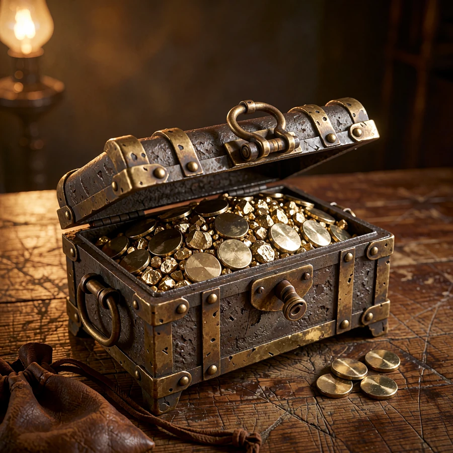 Otwarty żelazny skarbiec ze złotymi bryłkami i żetonami - crypto bonus do 20 000 USDT w WestAce Casino.