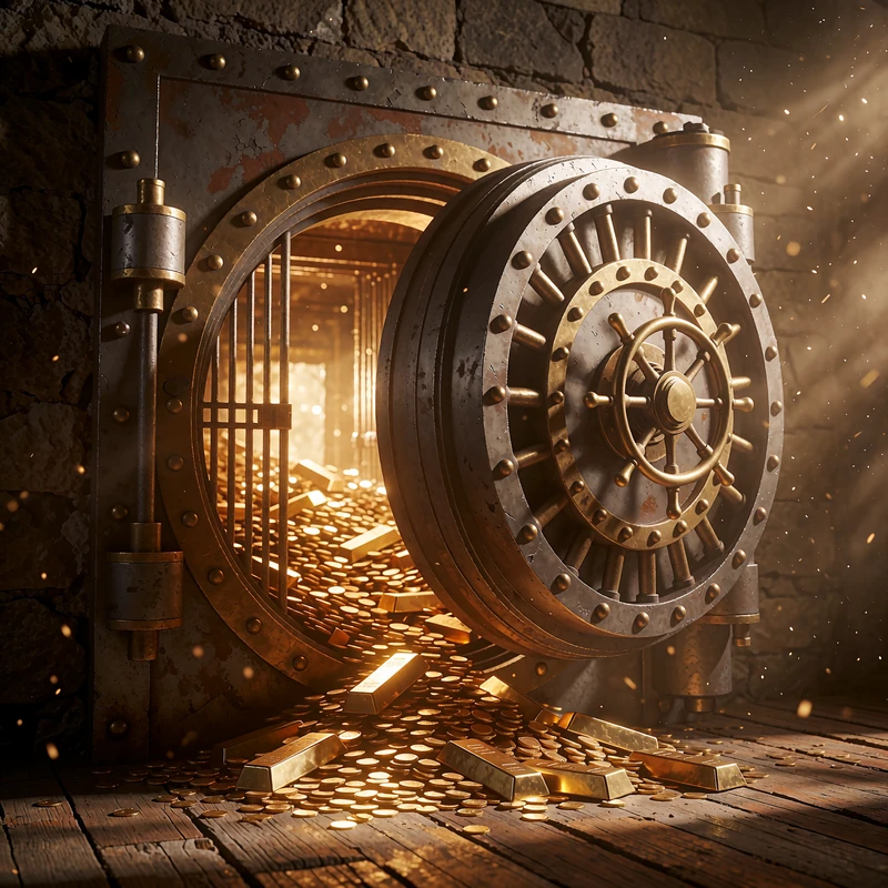 Otwarty żelazny skarbiec z wysypującymi się złotymi monetami - kategoria Jackpoty w WestAce Casino.