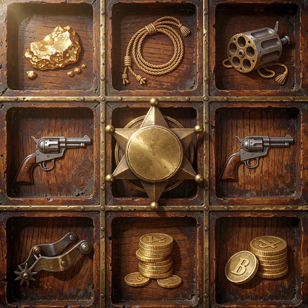 Slot Sheriff Gold - drewniane bębny z mosiężną gwiazdą szeryfa i symbolami złota w kasynie online WestAce.